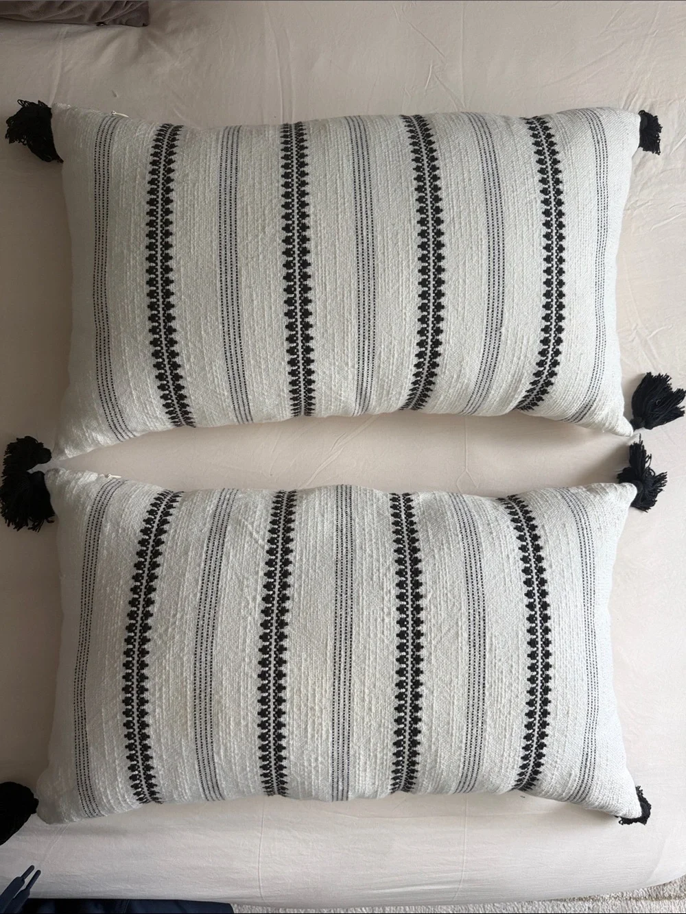 Handwoven Soft Black and White Striped Decorative Throw Pillow with Tassels.